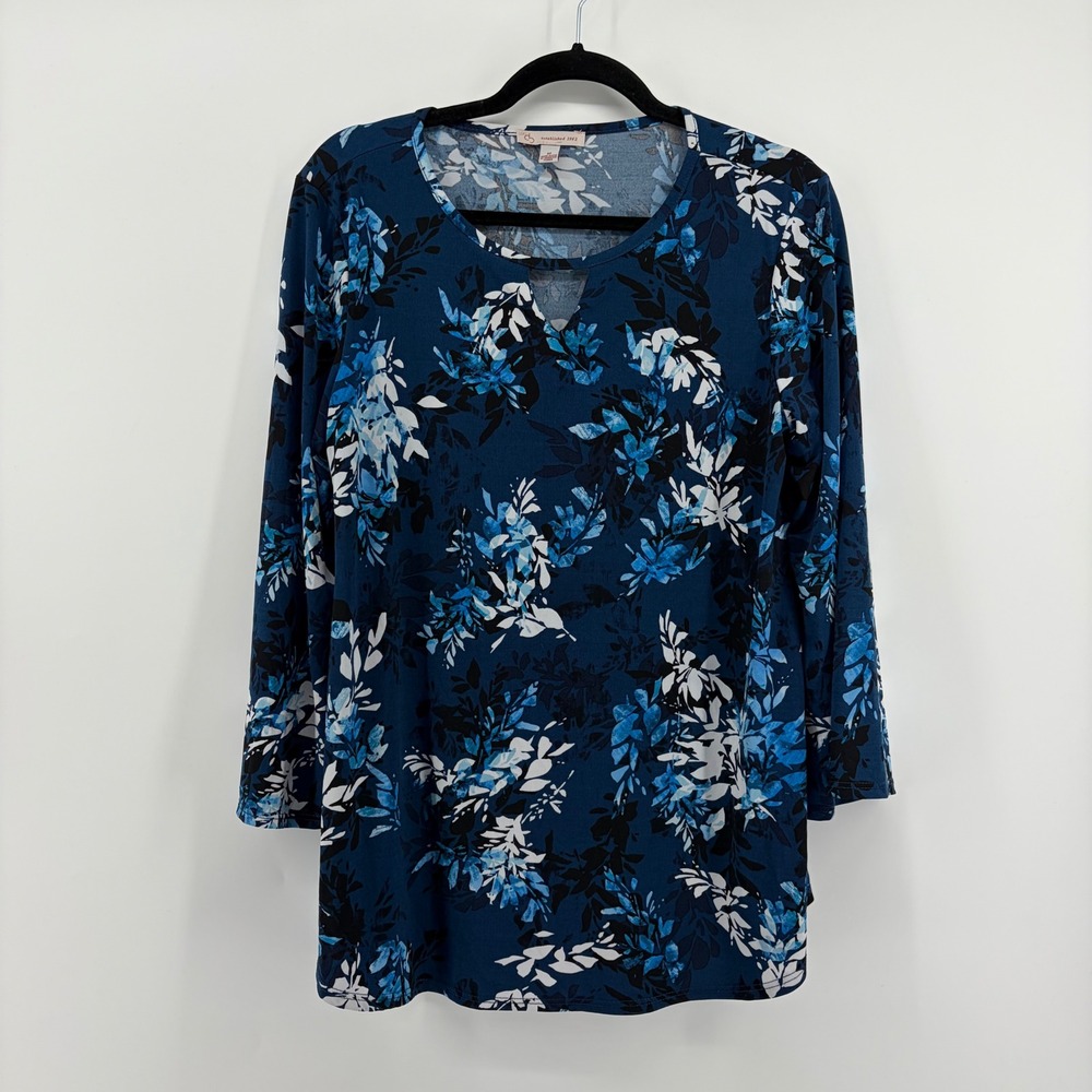 Dressbarn Women's Blue Floral 3/4 Sleeve Keyhole Neck Blouse Top M